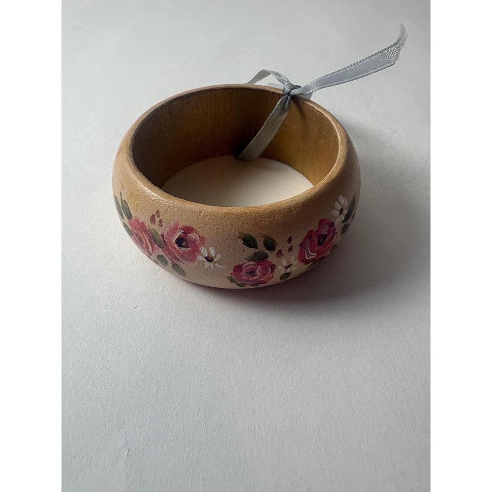 Hand Painted Wooden Bangle Bracelet‎ Floral Rose Design Signed KB Tan Pink